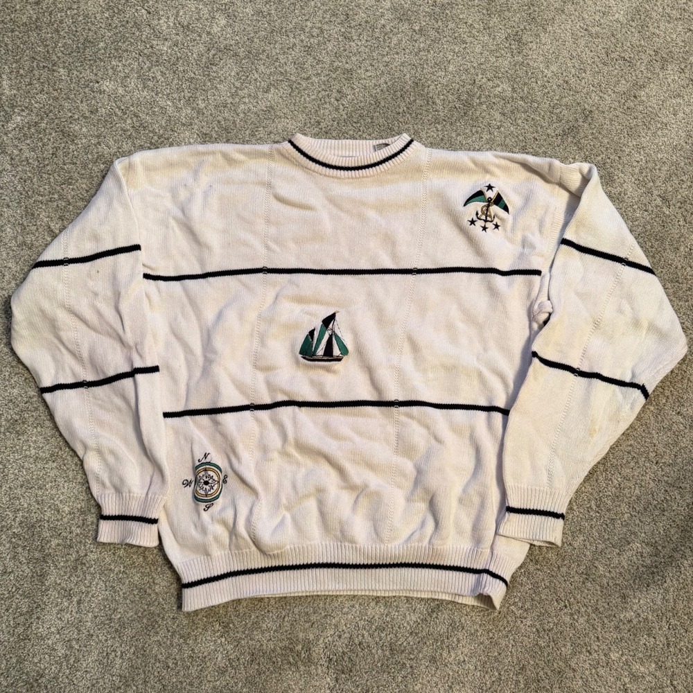 Capeisle Knitters Vintage Nautical Embroidered Striped Cotton Sweater Mens L - Picture 1 of 7
